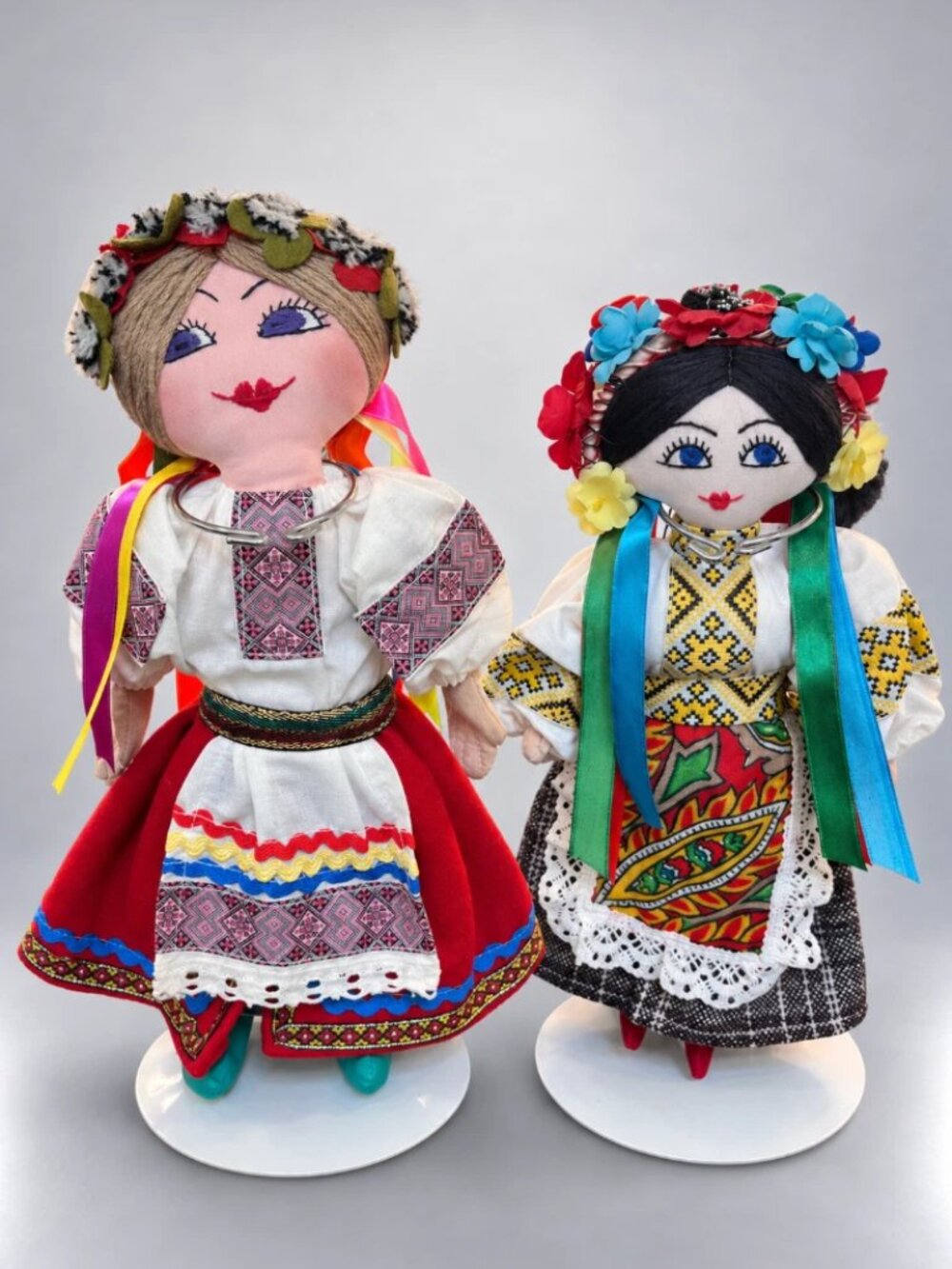 Vintage Ukrainian Folk Dolls Pair- Traditional Costume Embroidered with Stands
